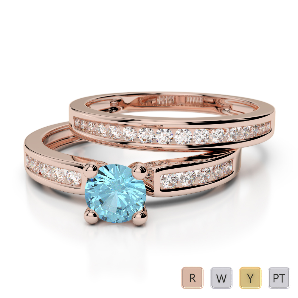 Gold / Platinum Round cut Aquamarine and Diamond Bridal Set Ring AGDR-1157