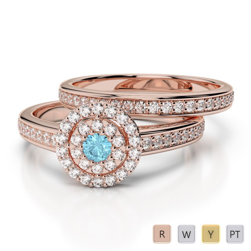Gold / Platinum Round cut Aquamarine and Diamond Bridal Set Ring AGDR-1239