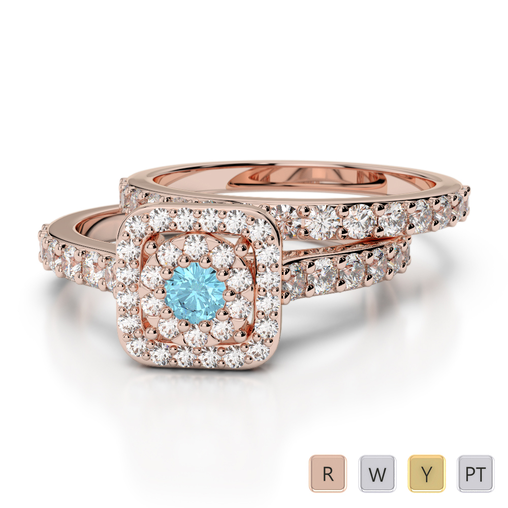 Gold / Platinum Round cut Aquamarine and Diamond Bridal Set Ring AGDR-1246