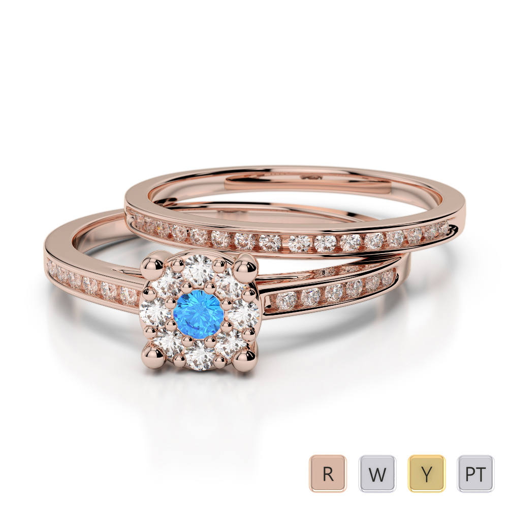 Gold / Platinum Round cut Blue Topaz and Diamond Bridal Set Ring AGDR-1052