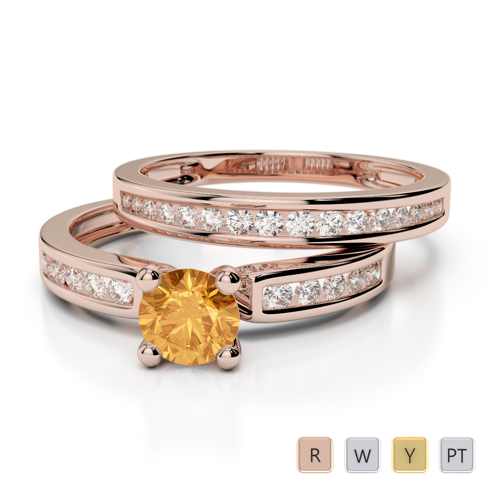 Gold / Platinum Round cut Citrine and Diamond Bridal Set Ring AGDR-1157