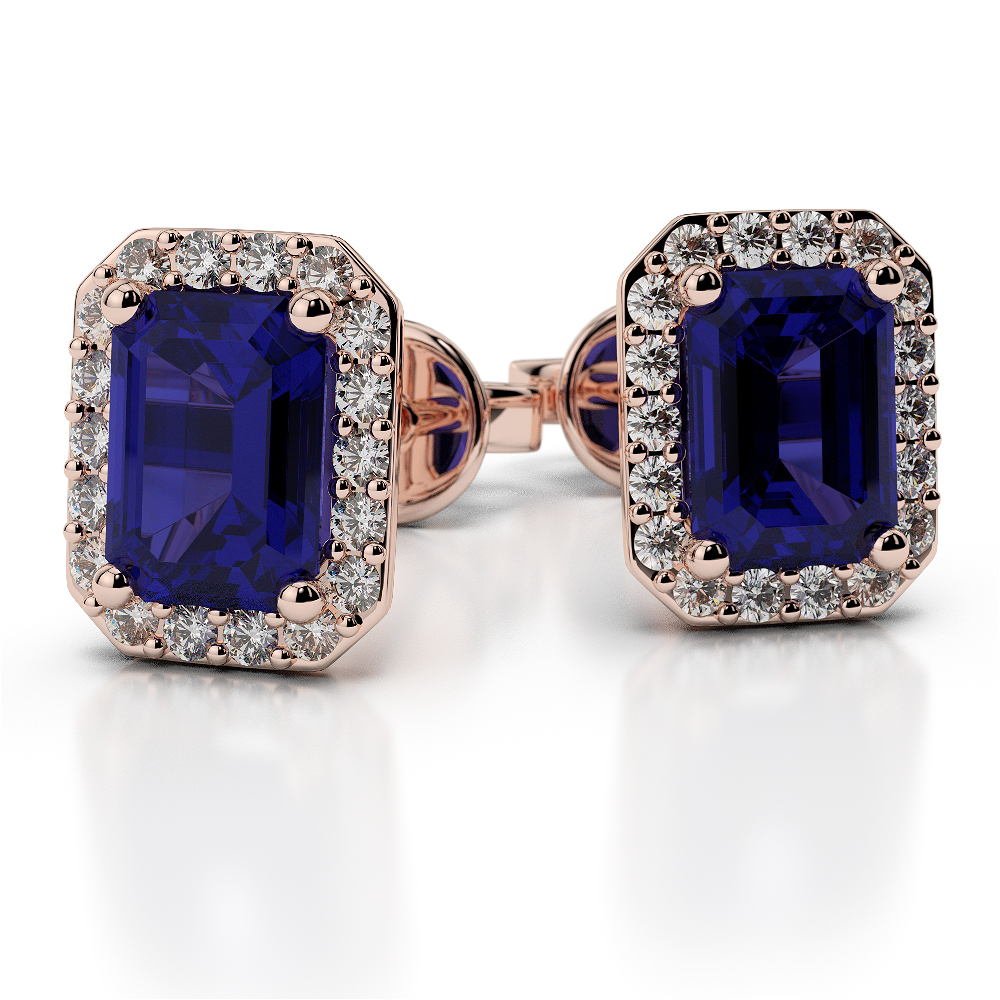 Prong Set Blue Sapphire Earrings With Diamond in Gold / Platinum AGER-1062