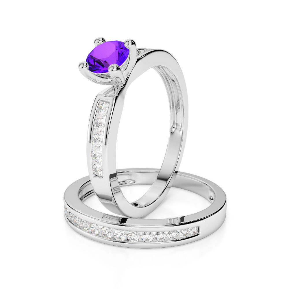 Gold / Platinum Round cut Amethyst and Diamond Bridal Set Ring AGDR-1157