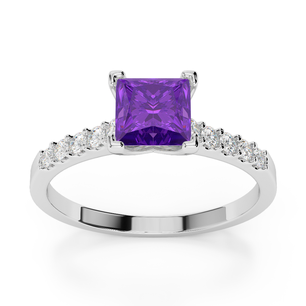 Gold / Platinum Round and Princess Cut Amethyst and Diamond Engagement Ring AGDR-1210