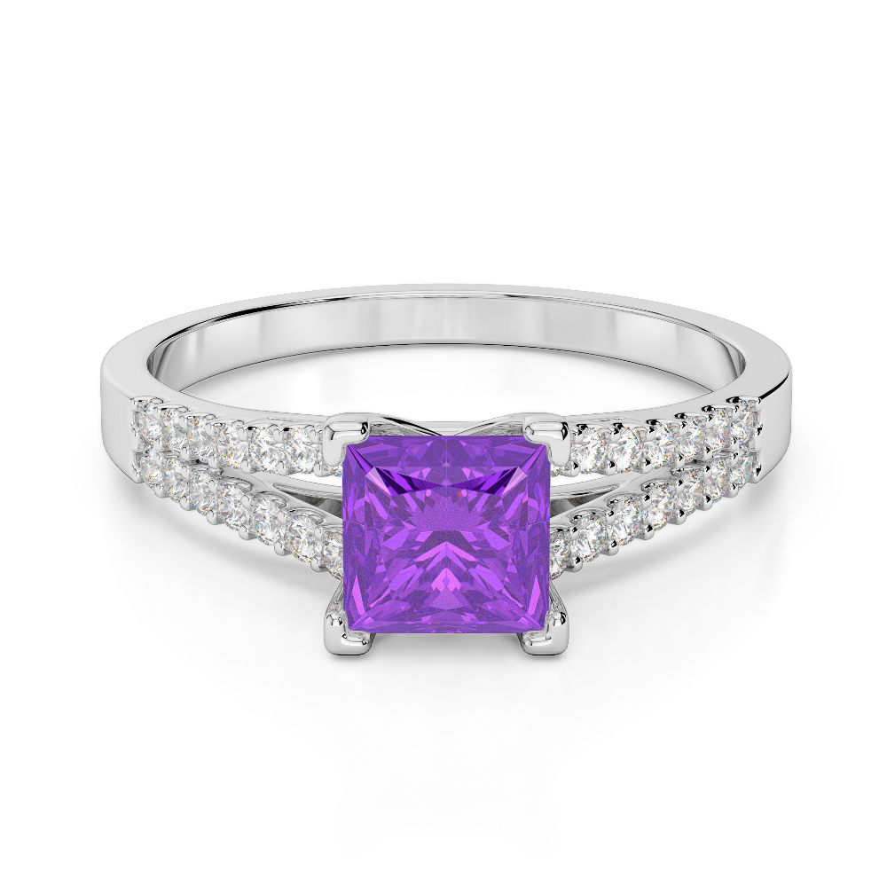 Gold / Platinum Round and Princess Cut Amethyst and Diamond Engagement Ring AGDR-1211