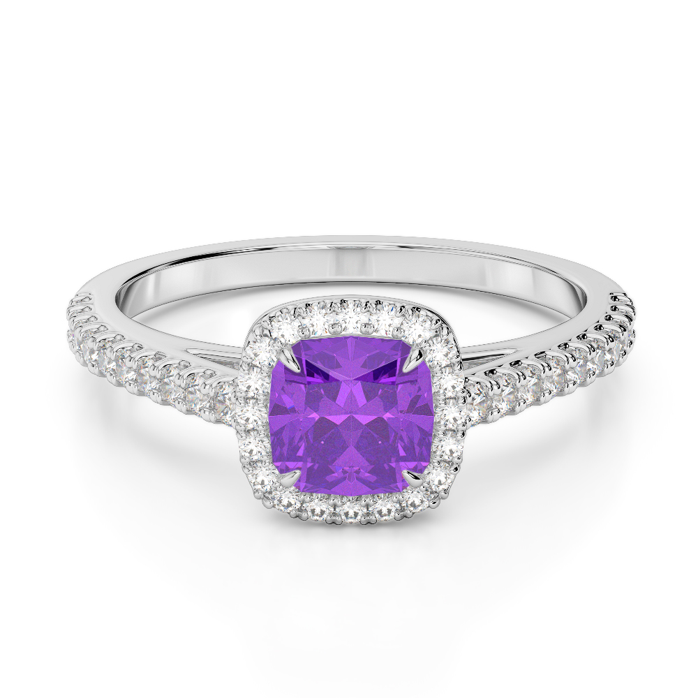 Gold / Platinum Round and Cushion Cut Amethyst and Diamond Engagement Ring AGDR-1212