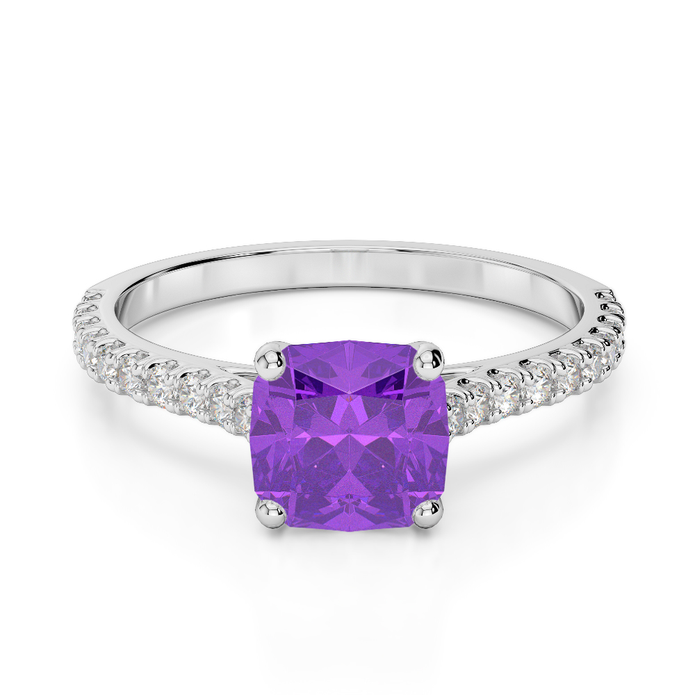 Gold / Platinum Round and Cushion Cut Amethyst and Diamond Engagement Ring AGDR-1216