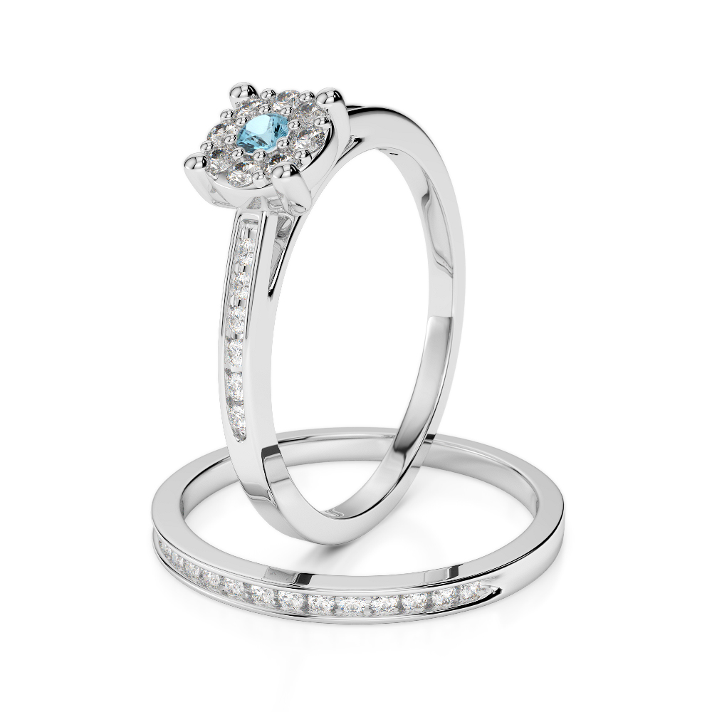 Gold / Platinum Round cut Aquamarine and Diamond Bridal Set Ring AGDR-1052