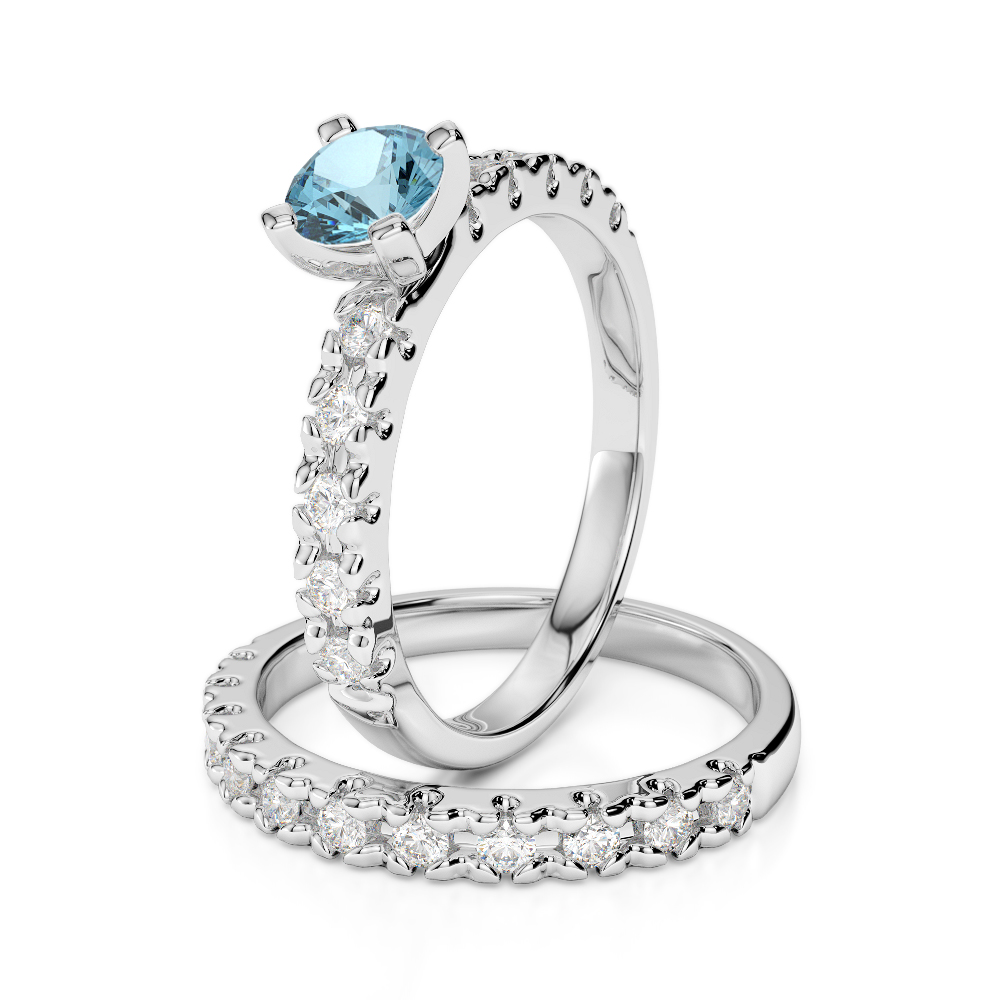Gold / Platinum Round cut Aquamarine and Diamond Bridal Set Ring AGDR-1144