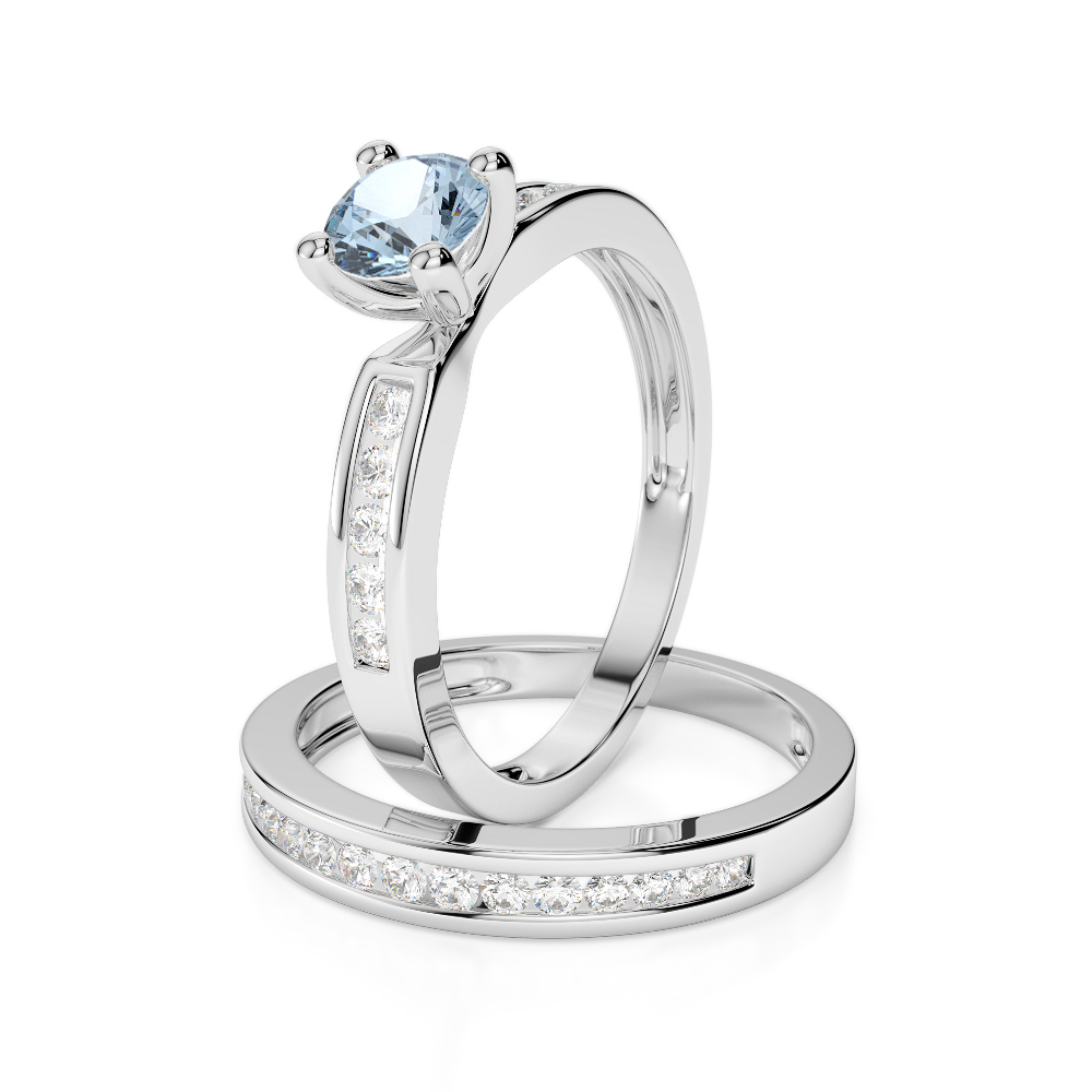 Gold / Platinum Round cut Aquamarine and Diamond Bridal Set Ring AGDR-1157