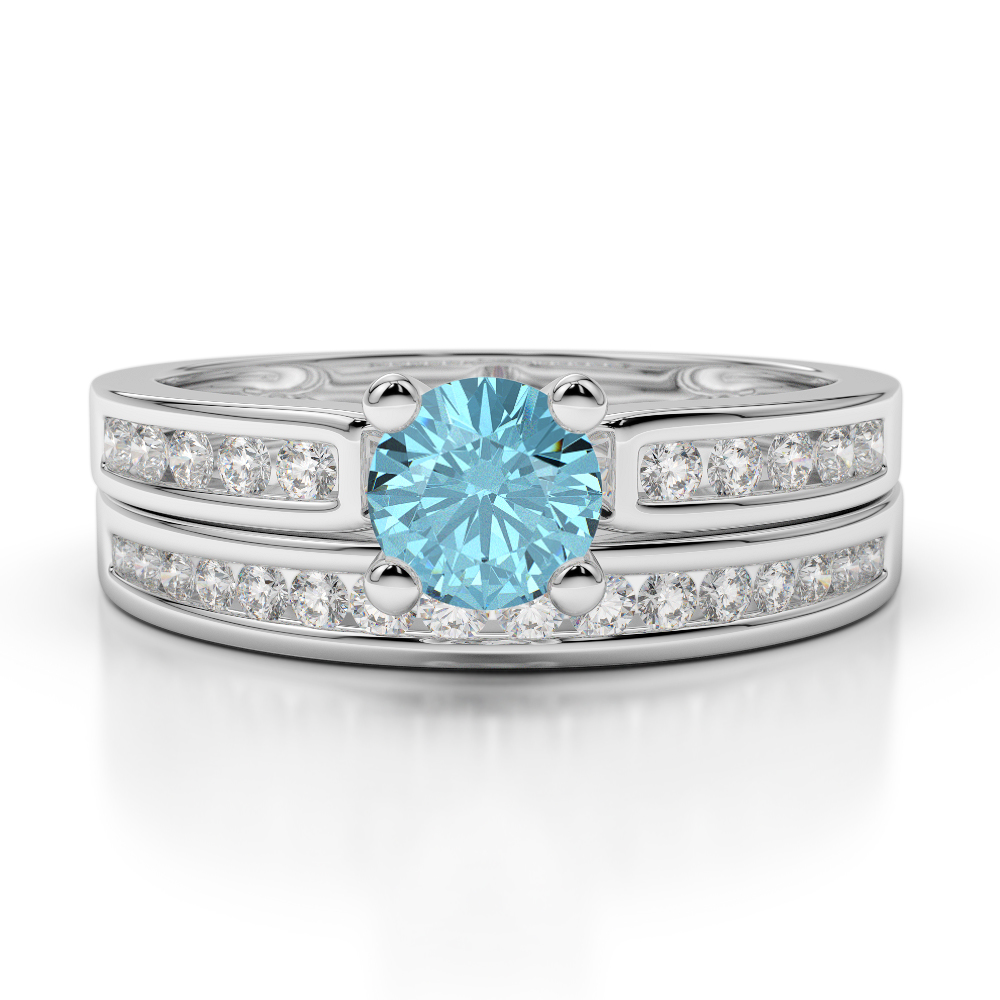 Gold / Platinum Round cut Aquamarine and Diamond Bridal Set Ring AGDR-1157