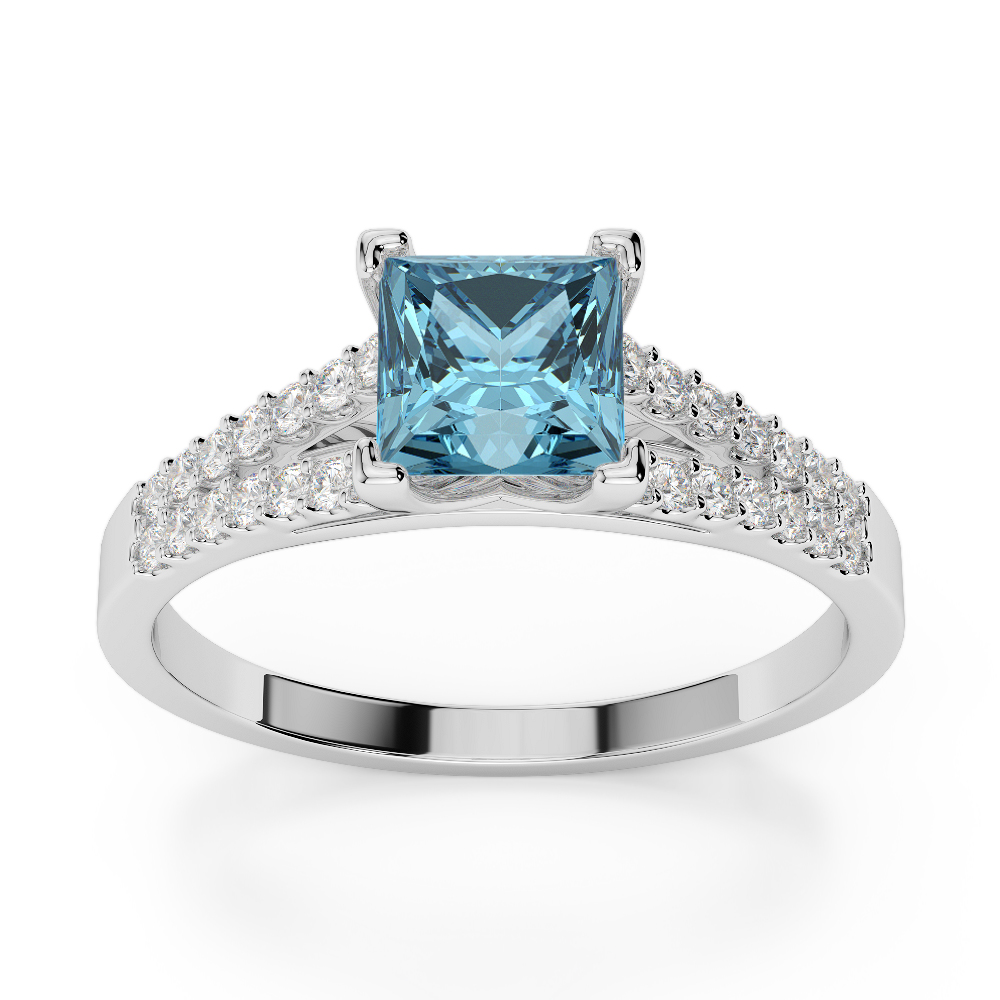 Gold / Platinum Round and Princess Cut Aquamarine and Diamond Engagement Ring AGDR-1211