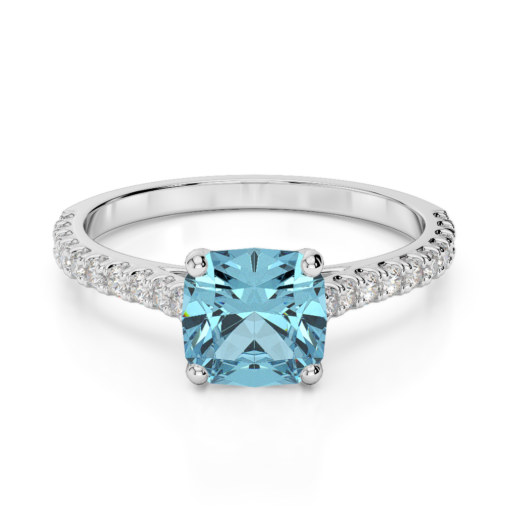 Gold / Platinum Round and Cushion Cut Aquamarine and Diamond Engagement Ring AGDR-1216