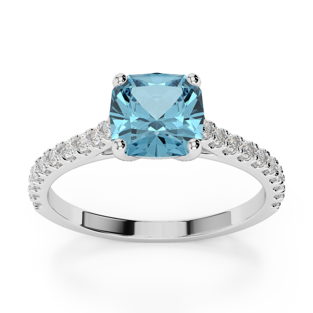 Gold / Platinum Round and Cushion Cut Aquamarine and Diamond Engagement Ring AGDR-1216