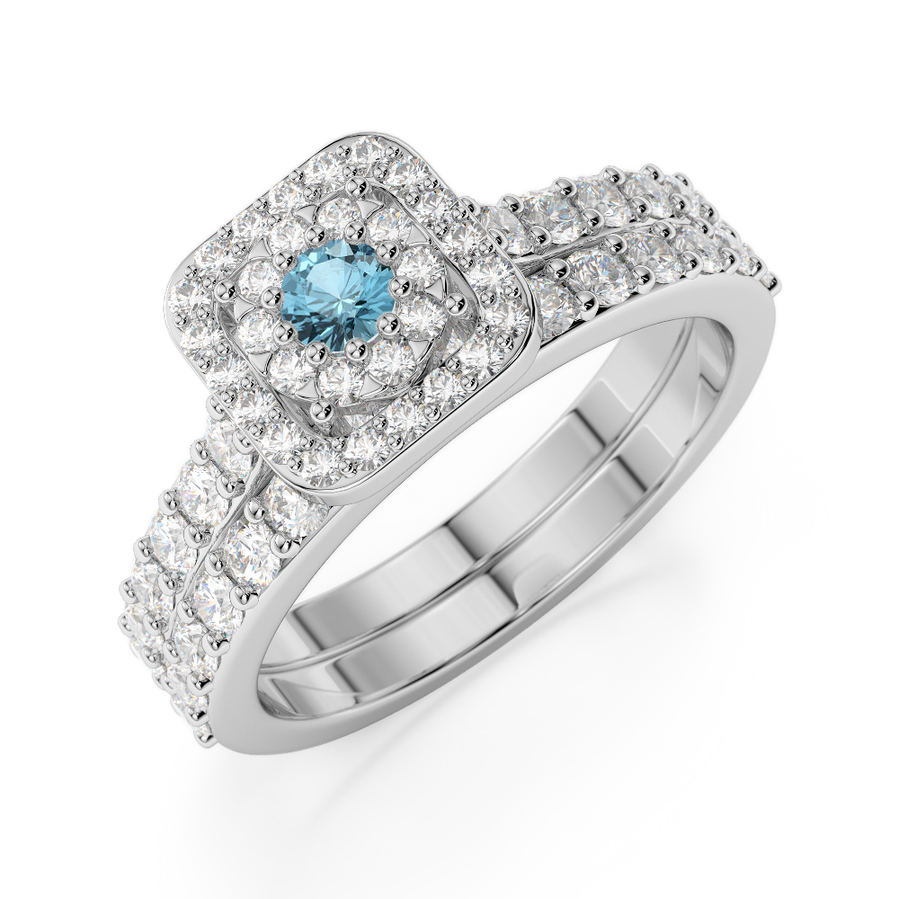 Gold / Platinum Round cut Aquamarine and Diamond Bridal Set Ring AGDR-1246