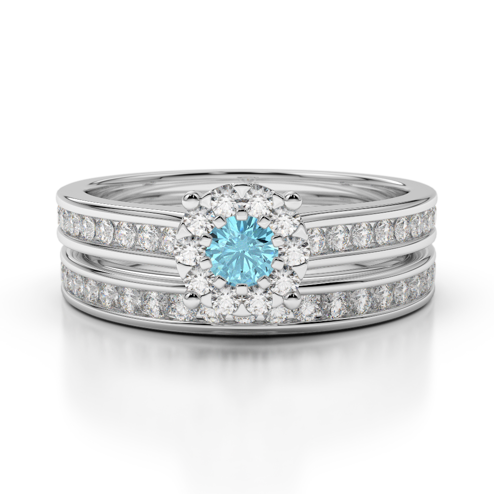 Gold / Platinum Round cut Aquamarine and Diamond Bridal Set Ring AGDR-1339