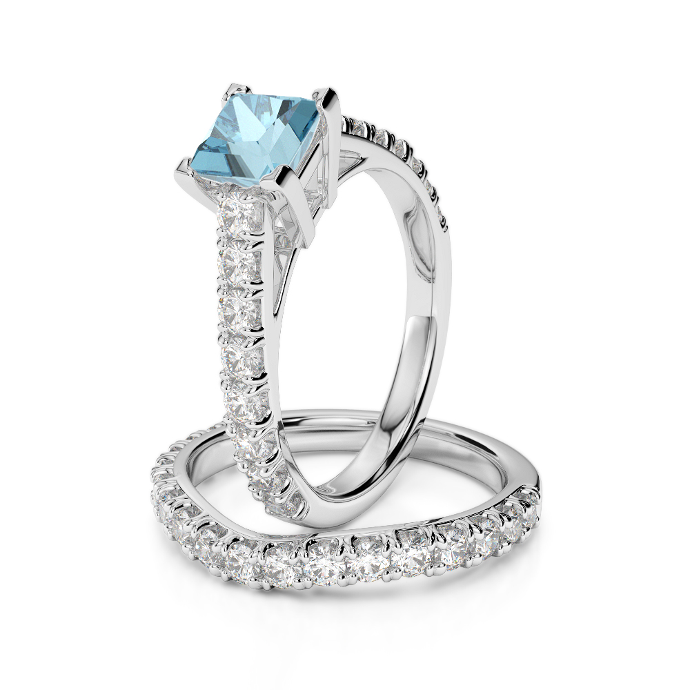 Gold / Platinum Round and Princess cut Aquamarine and Diamond Bridal Set Ring AGDR-2007