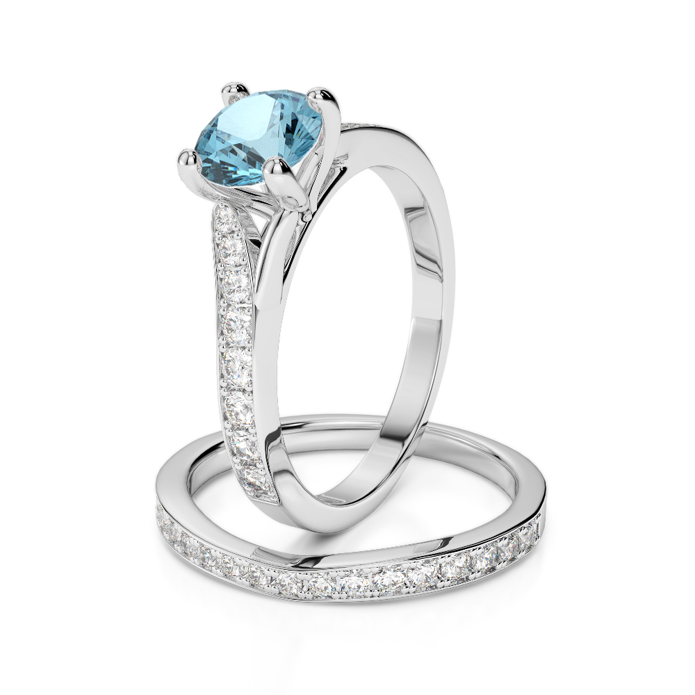 Gold / Platinum Round cut Aquamarine and Diamond Bridal Set Ring AGDR-2011