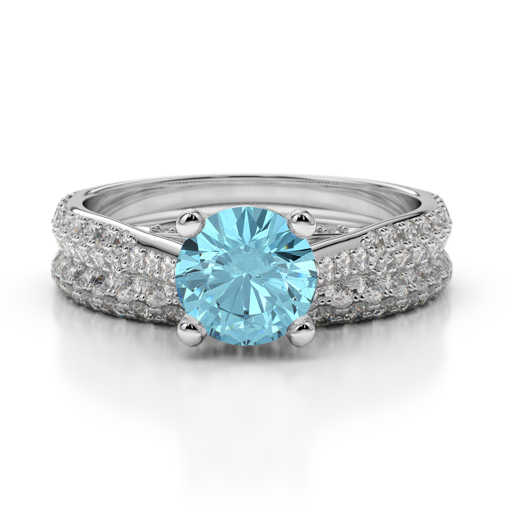 Gold / Platinum Round cut Aquamarine and Diamond Bridal Set Ring AGDR-2013