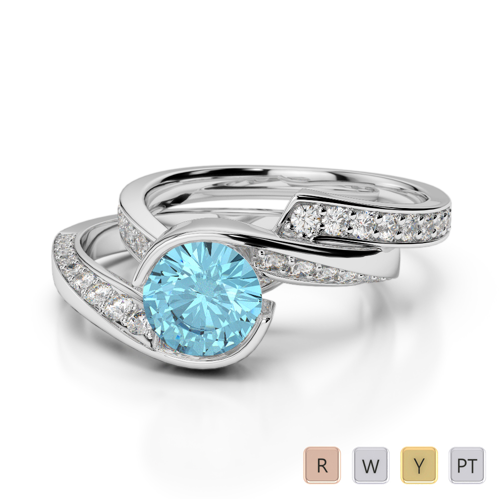 Gold platinum round cut aquamarine and diamond  bridal  