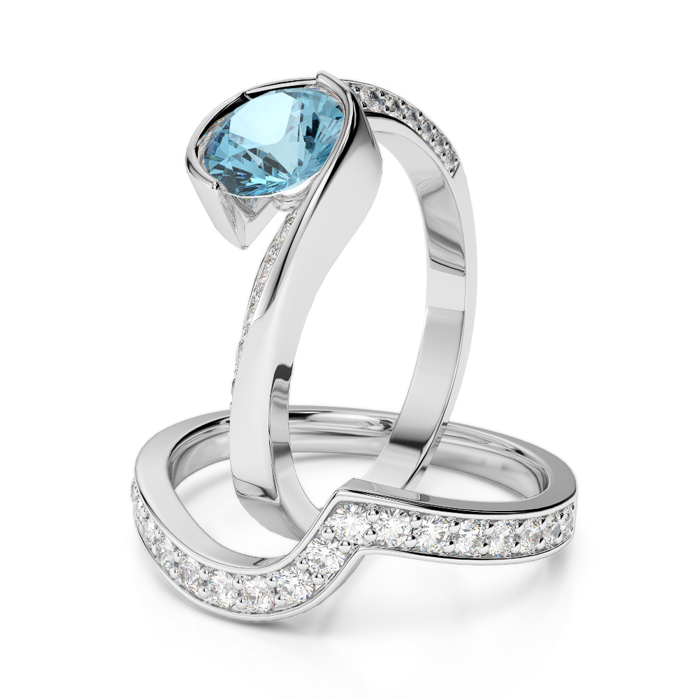 Gold / Platinum Round cut Aquamarine and Diamond Bridal Set Ring AGDR-2019