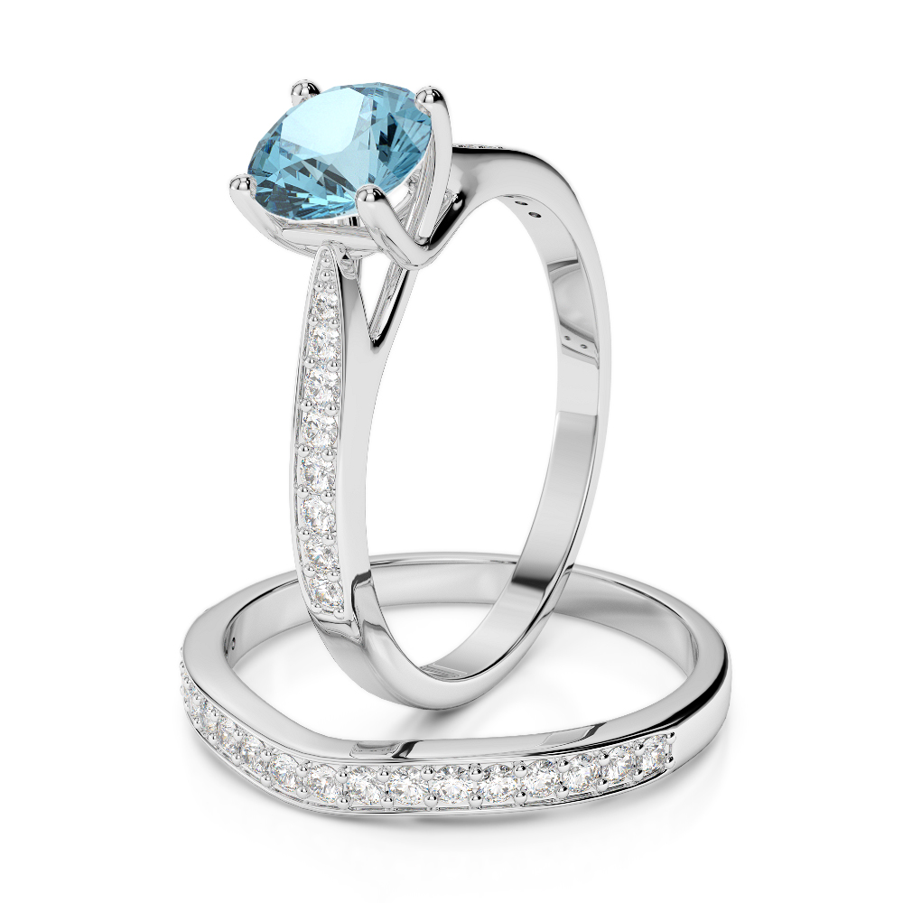 Gold / Platinum Round cut Aquamarine and Diamond Bridal Set Ring AGDR-2053