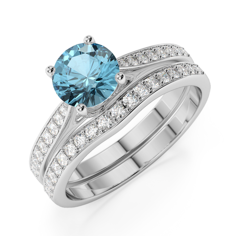 Gold / Platinum Round cut Aquamarine and Diamond Bridal Set Ring AGDR-2053