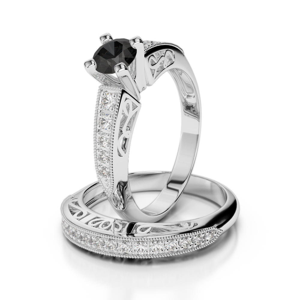Gold / Platinum Round cut Black Diamond with Diamond Bridal Set Ring AGDR-1160