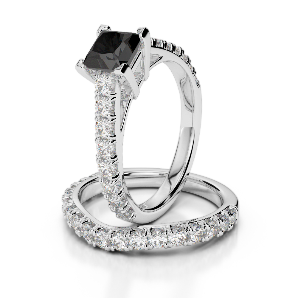 Gold / Platinum Round and Princess cut Black Diamond with Diamond Bridal Set Ring AGDR-2007