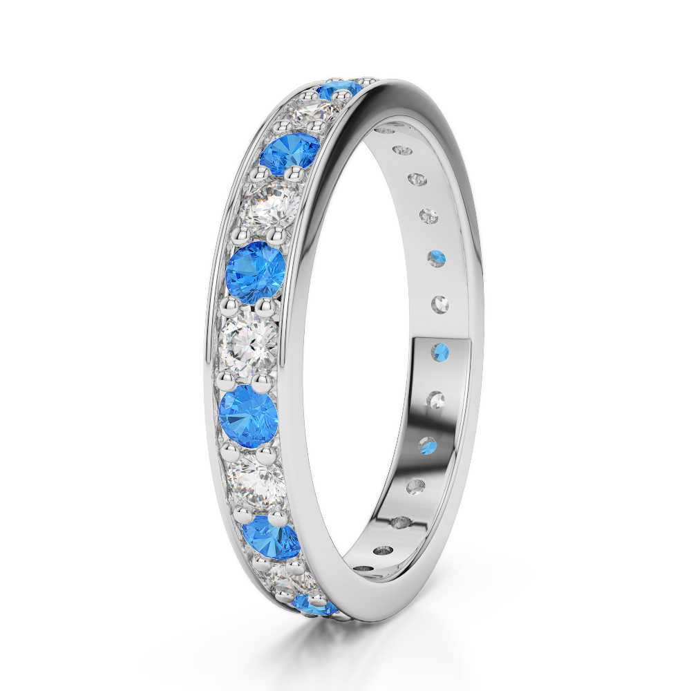3 MM Gold / Platinum Round Cut Blue Topaz and Diamond Full Eternity Ring AGDR-1080