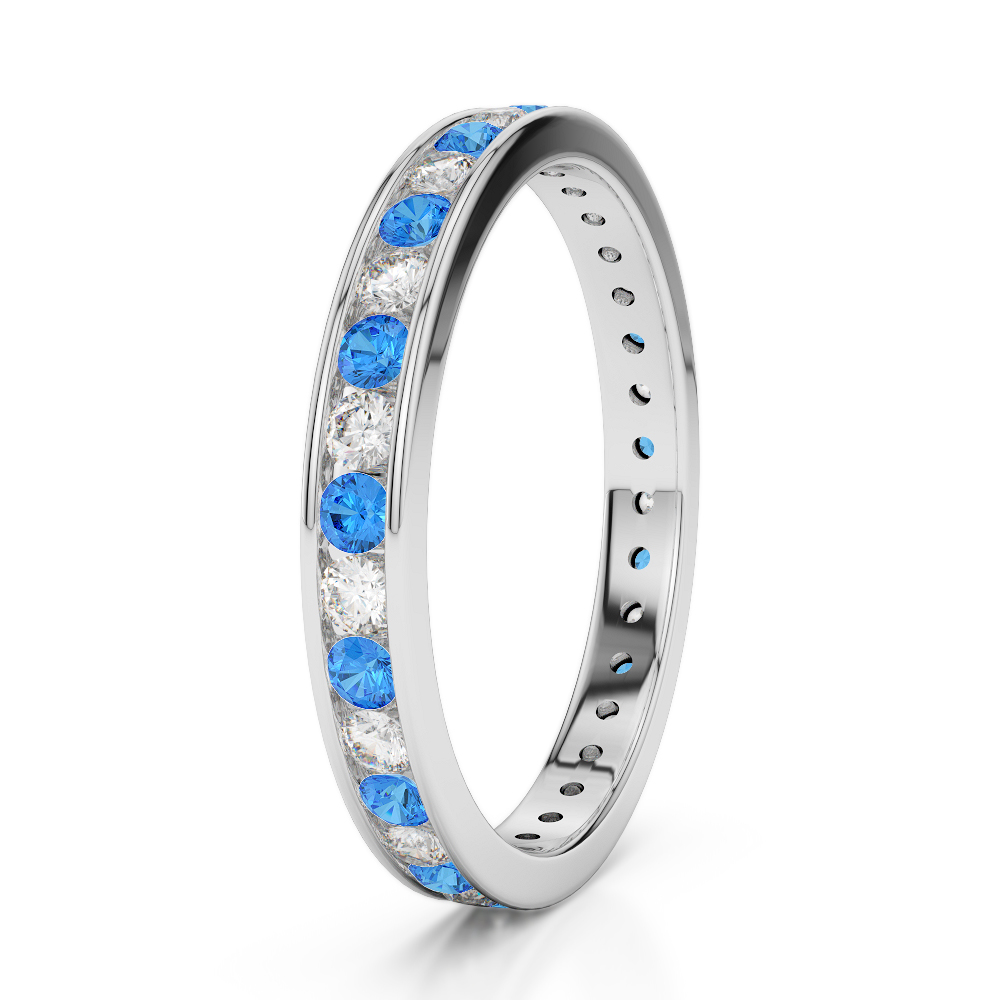 3 MM Gold / Platinum Round Cut Blue Topaz and Diamond Full Eternity Ring AGDR-1087