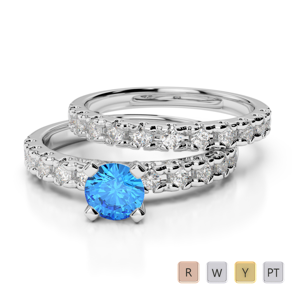 Gold / Platinum Round cut Blue Topaz and Diamond Bridal Set Ring AGDR-1144