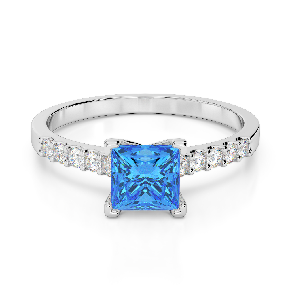 Gold / Platinum Round and Princess Cut Blue Topaz and Diamond Engagement Ring AGDR-1210