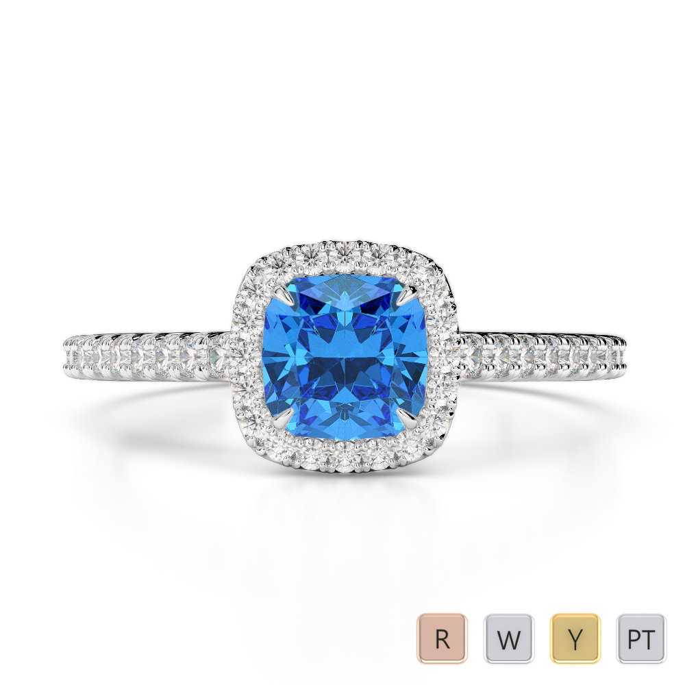 Gold / Platinum Round and Cushion Cut Blue Topaz and Diamond Engagement Ring AGDR-1212
