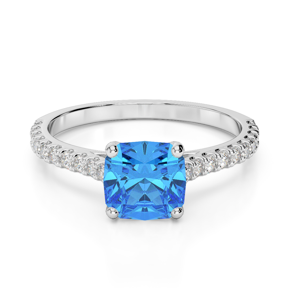 Gold / Platinum Round and Cushion Cut Blue Topaz and Diamond Engagement Ring AGDR-1216