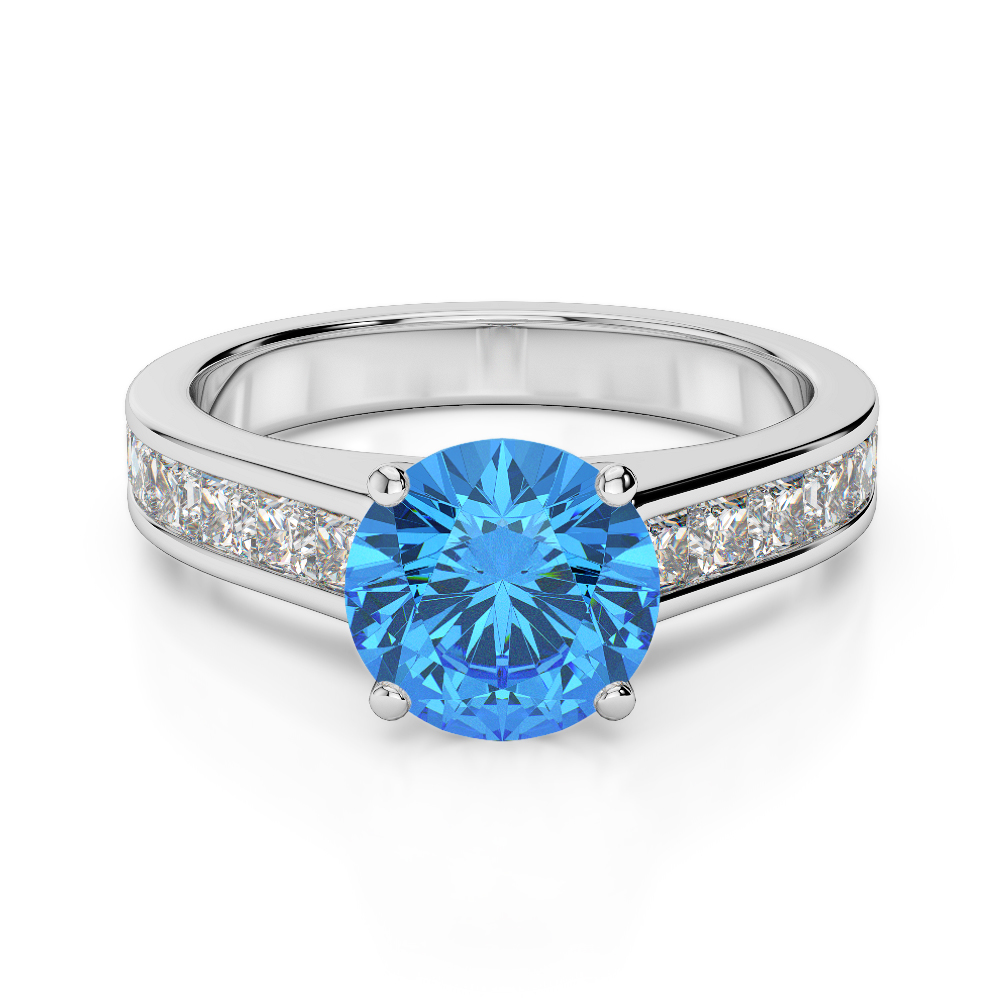 Gold / Platinum Round and Princess Cut Blue Topaz and Diamond Engagement Ring AGDR-1224