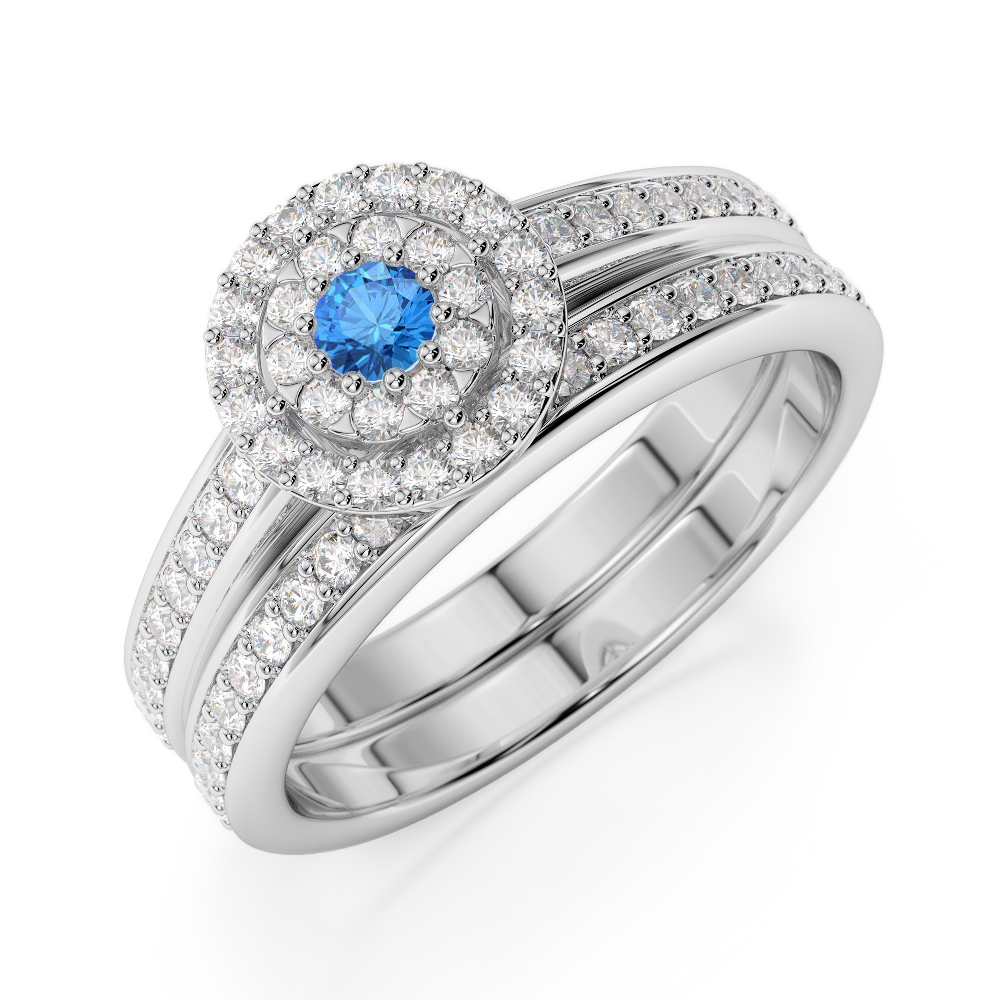 Gold / Platinum Round cut Blue Topaz and Diamond Bridal Set Ring AGDR-1239