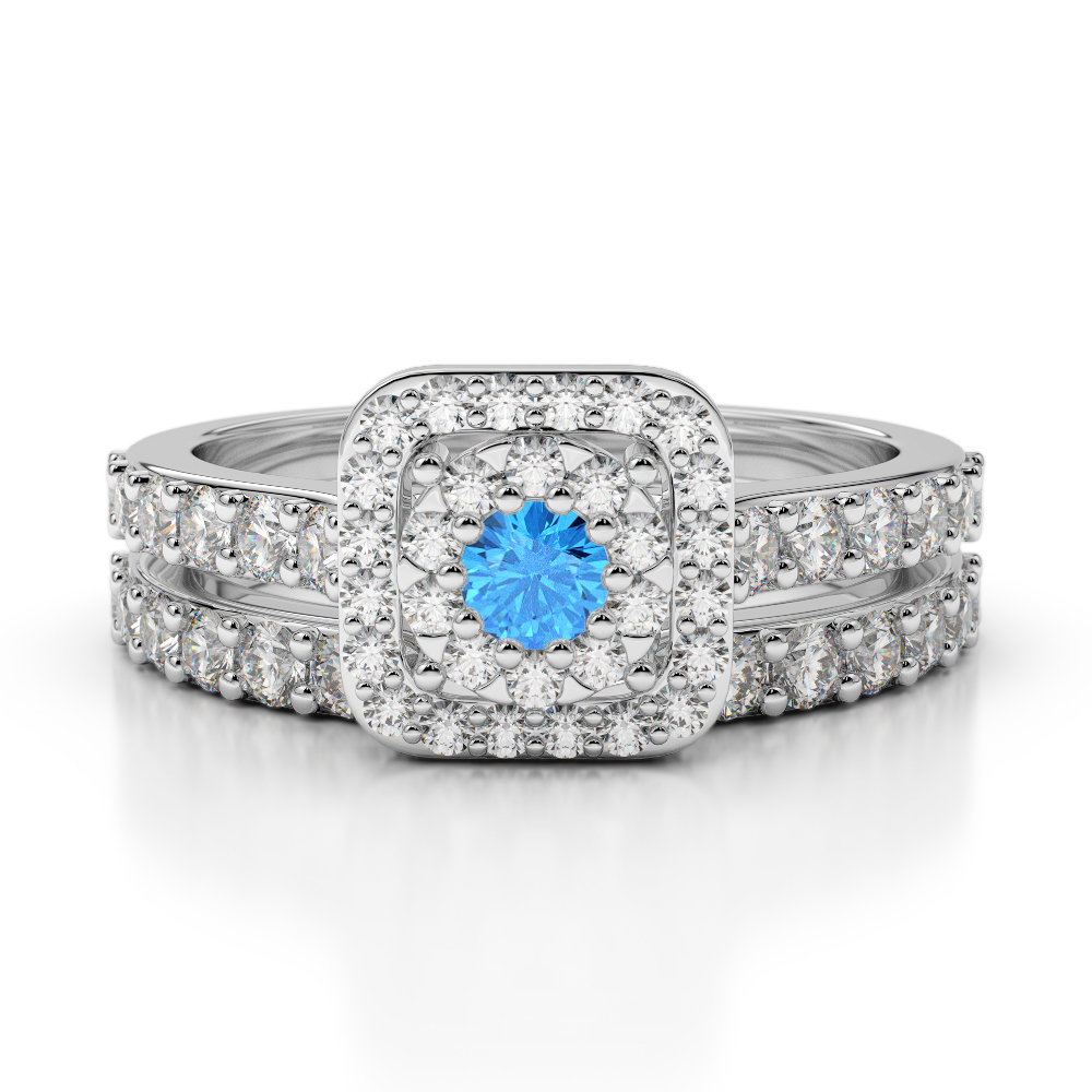 Gold / Platinum Round cut Blue Topaz and Diamond Bridal Set Ring AGDR-1246