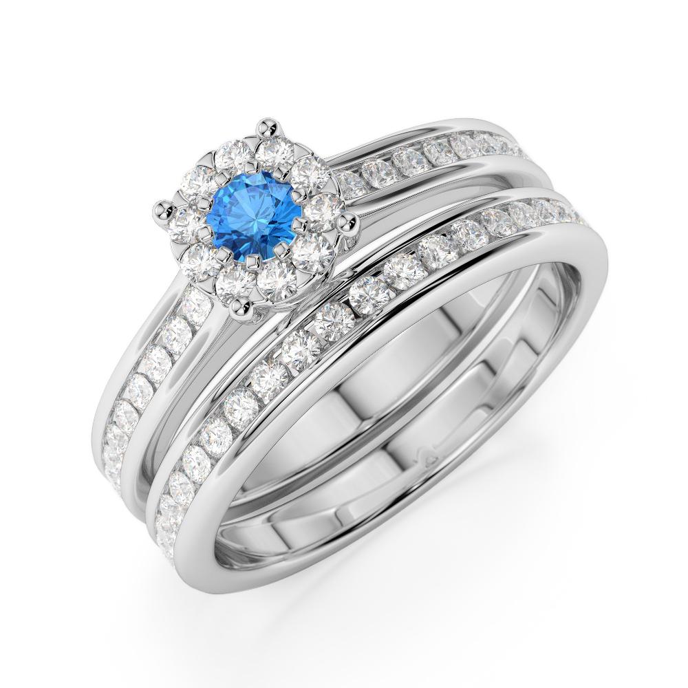 Gold / Platinum Round cut Blue Topaz and Diamond Bridal Set Ring AGDR-1339