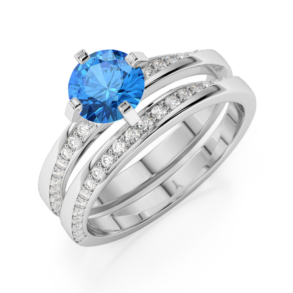 Gold / Platinum Round cut Blue Topaz and Diamond Bridal Set Ring AGDR-2001