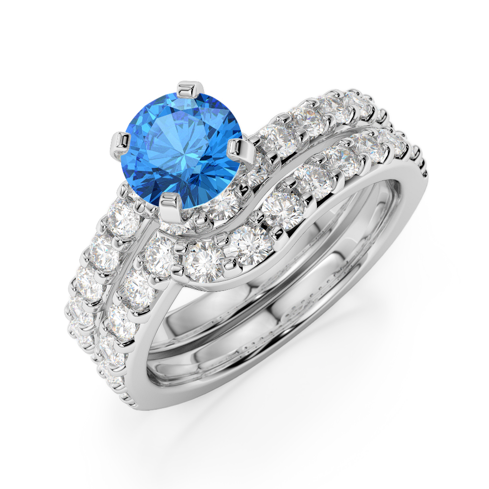Gold / Platinum Round cut Blue Topaz and Diamond Bridal Set Ring AGDR-2003