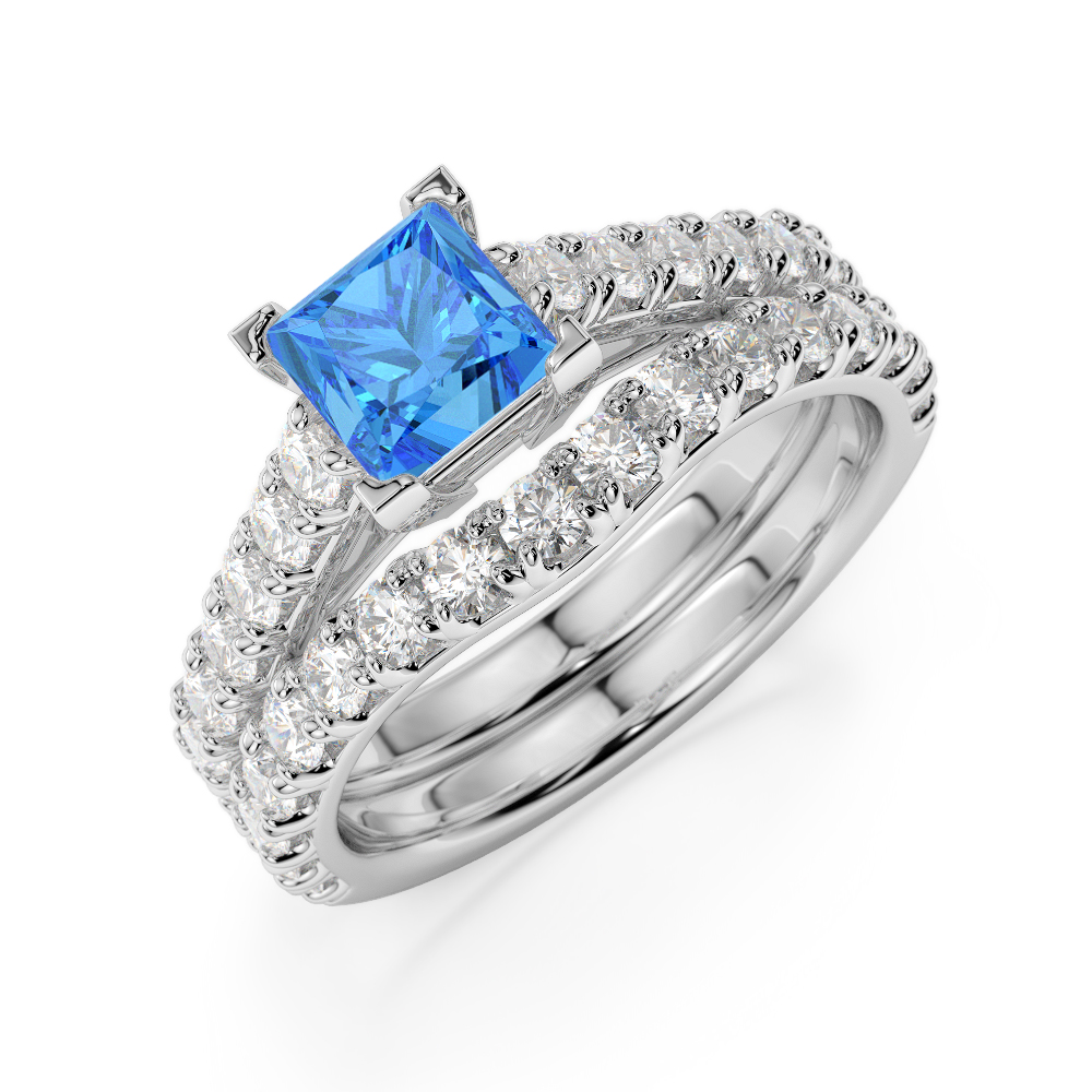 Gold / Platinum Round and Princess cut Blue Topaz and Diamond Bridal Set Ring AGDR-2007