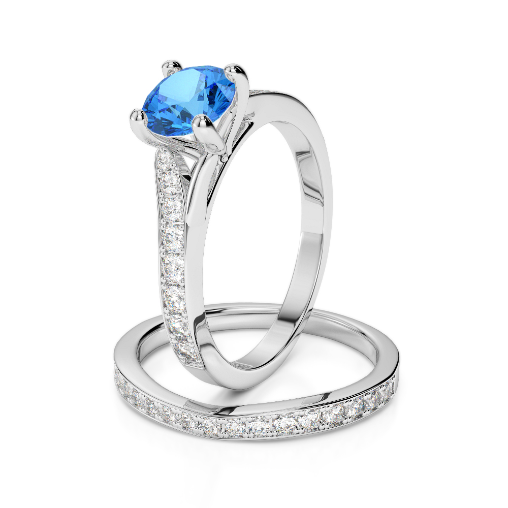 Gold / Platinum Round cut Blue Topaz and Diamond Bridal Set Ring AGDR-2011