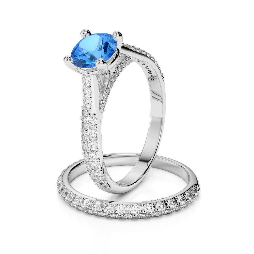 Gold / Platinum Round cut Blue Topaz and Diamond Bridal Set Ring AGDR-2013