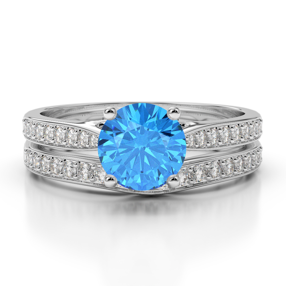 Gold / Platinum Round cut Blue Topaz and Diamond Bridal Set Ring AGDR-2053