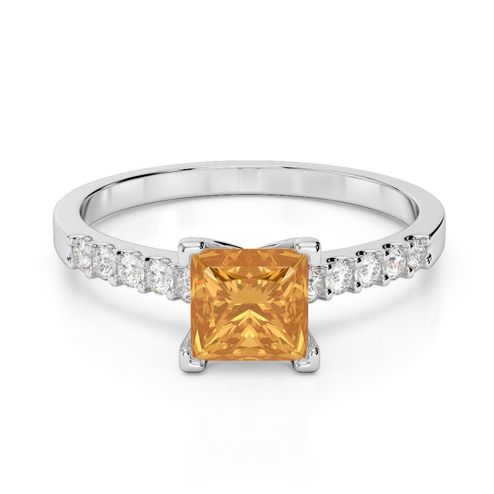 Gold / Platinum Round and Princess Cut Citrine and Diamond Engagement Ring AGDR-1210