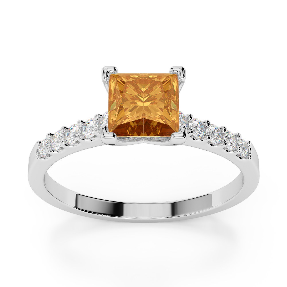 Gold / Platinum Round and Princess Cut Citrine and Diamond Engagement Ring AGDR-1210