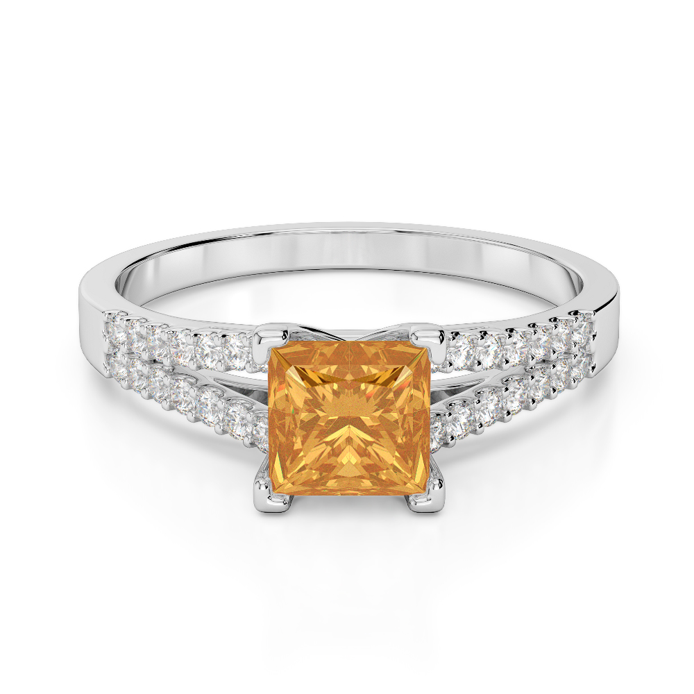 Gold / Platinum Round and Princess Cut Citrine and Diamond Engagement Ring AGDR-1211
