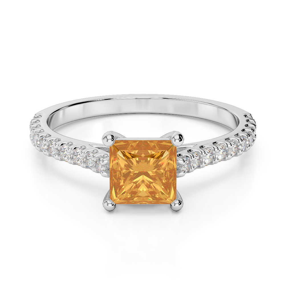 Gold / Platinum Round and Princess Cut Citrine and Diamond Engagement Ring AGDR-1217