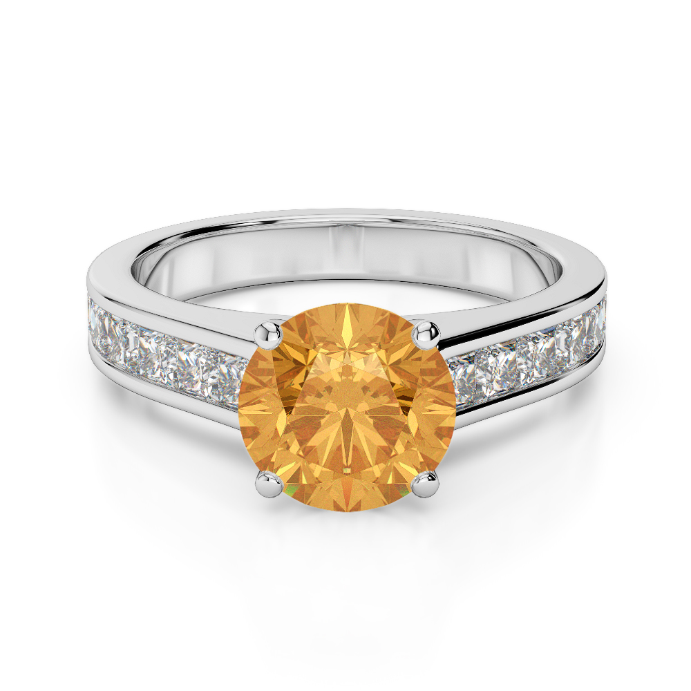 Gold / Platinum Round and Princess Cut Citrine and Diamond Engagement Ring AGDR-1224